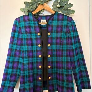 Leslie Fay Mardi Gras Plaid Blazer with Gold Buttons
